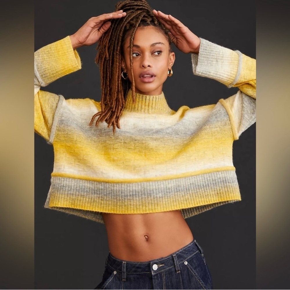 Anthropologie Pilcro Mock Neck Cropped Sweater XXS Yellow Ombre Oversized